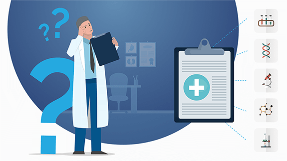 Illustration of puzzled doctor reviewing chart