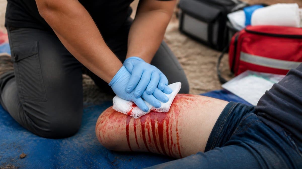 First responder applying steady pressure to a catastrophic amputation injury using sterile gauze.