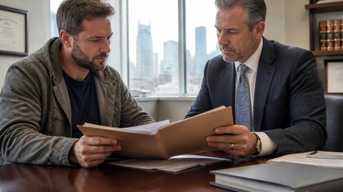 Injured man reviewing legal paperwork with a truck accident lawyer in a bright Nashville office