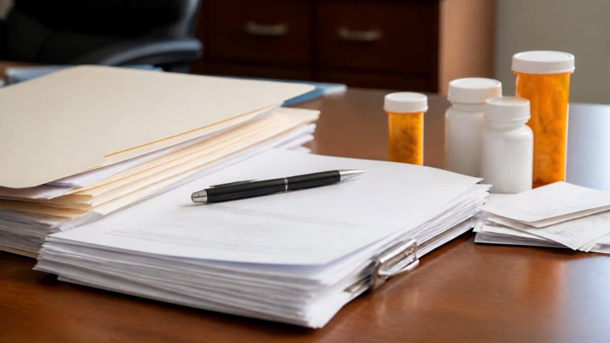 Close-up of organized medical documents, bills, and prescription bottles arranged on a desk with a folder and pen, natural office lighting