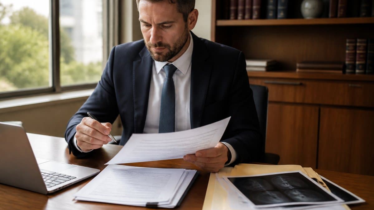 Professional reviewing accident claim documents and medical records at desk with laptop, pen, and file folder visible, natural office lighting