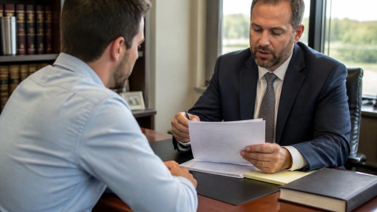 Professional attorney sitting at desk across from client reviewing documents and discussing car accident case details in modern office setting with natural lighting