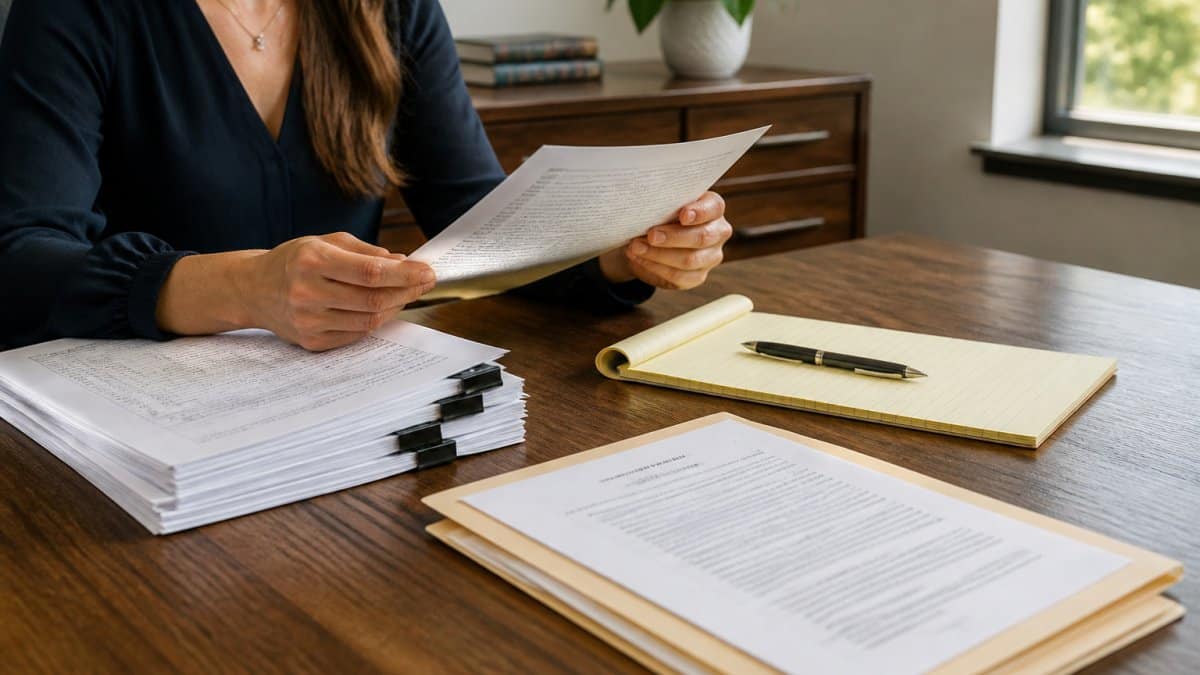 A patient reviewing medical records and legal documents to assess comparative fault at a desk