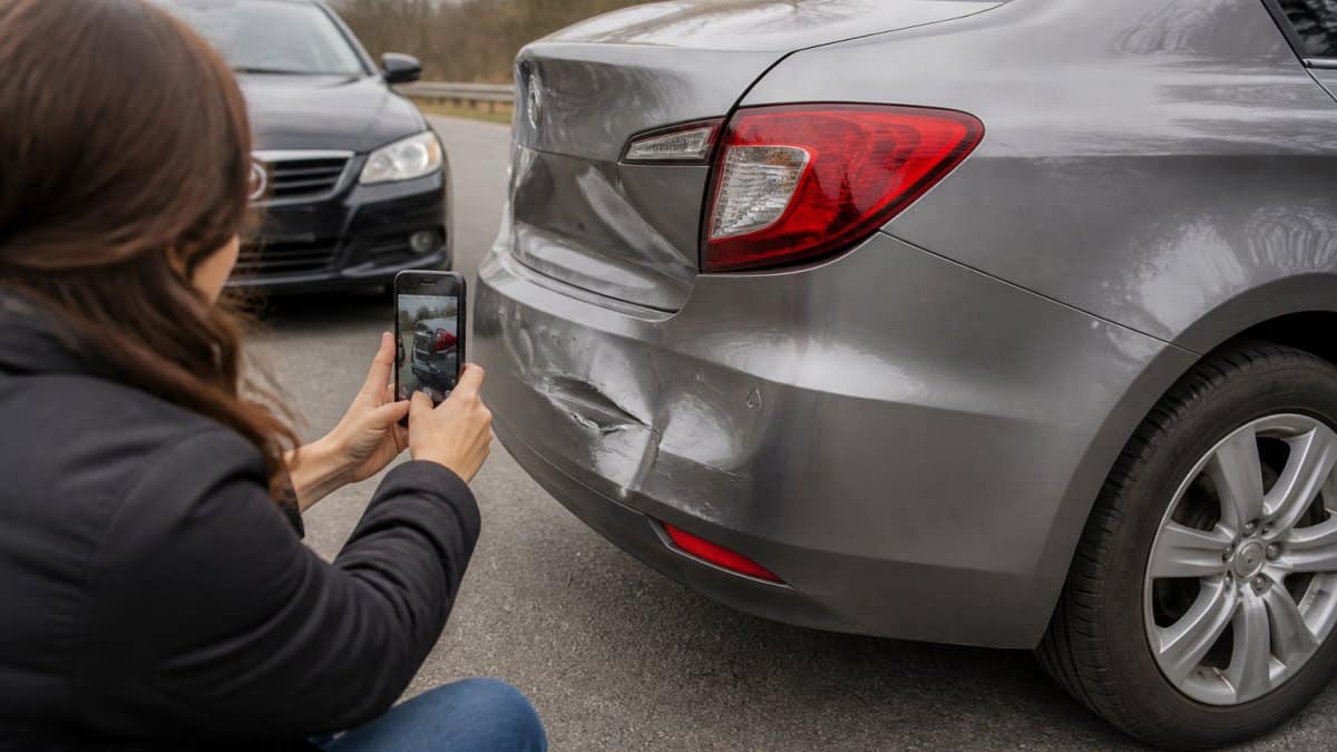 A driver using a smartphone to photograph dented rear bumper damage on a sedan at the roadside, another vehicle visible behind, overcast daylight