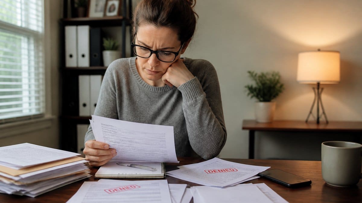 Person sitting at desk reviewing insurance documents and denial letters, with calendar and phone visible, natural office lighting