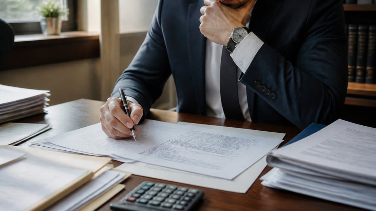Professional reviewing settlement paperwork and financial documents at a desk with calculator and pen nearby, natural office lighting