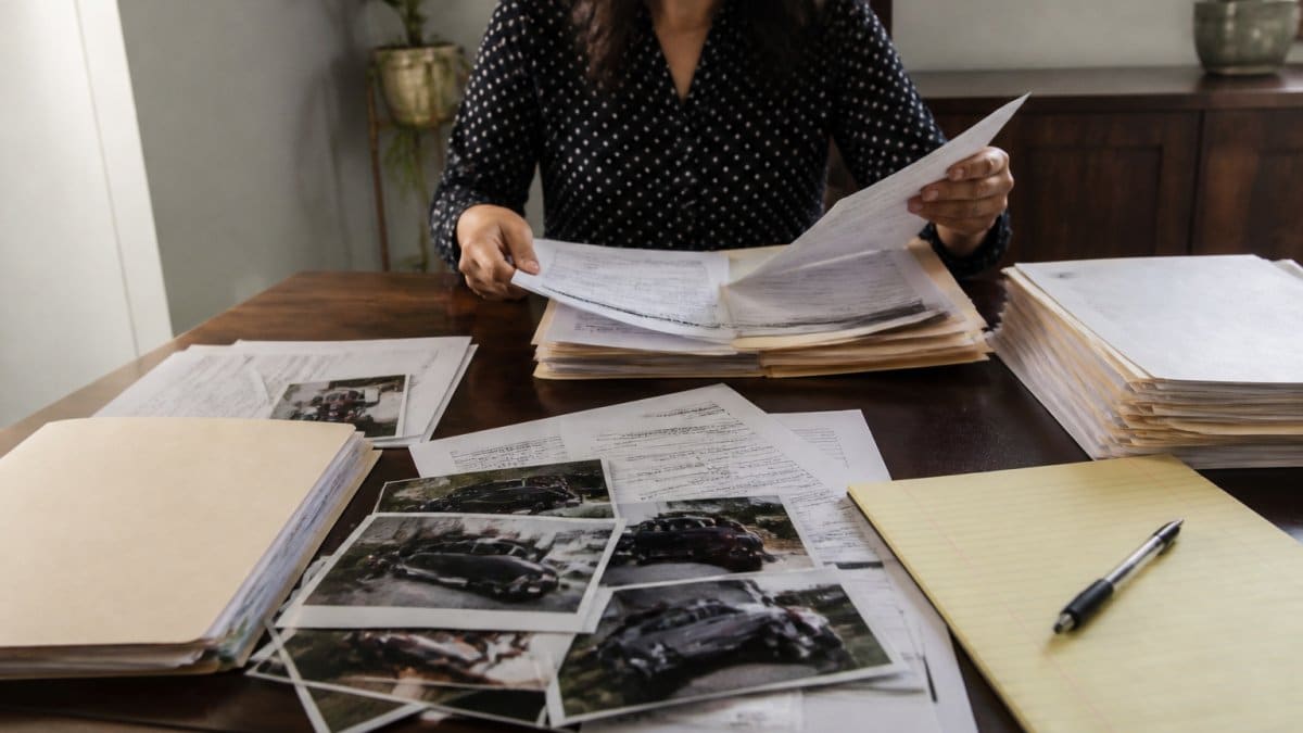 Person organizing medical records, bills, and accident photographs on a desk with folders and notepad in organized layout