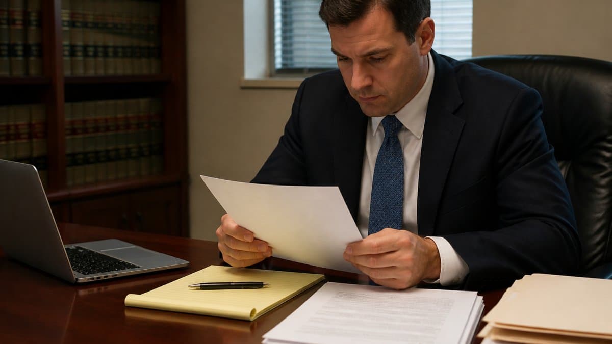 Professional reviewing legal documents and correspondence at desk with laptop, notepad, and pen, preparing to submit formal request