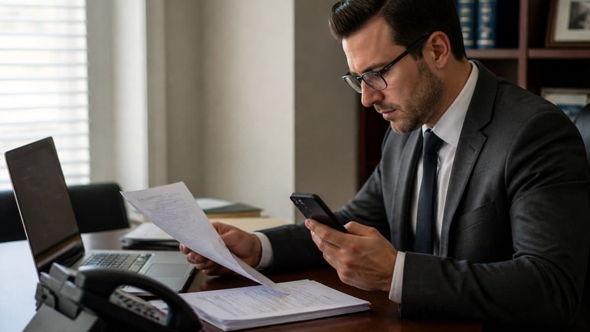 Professional reviewing insurance denial documents at desk with laptop and phone showing insurance company correspondence, natural office lighting