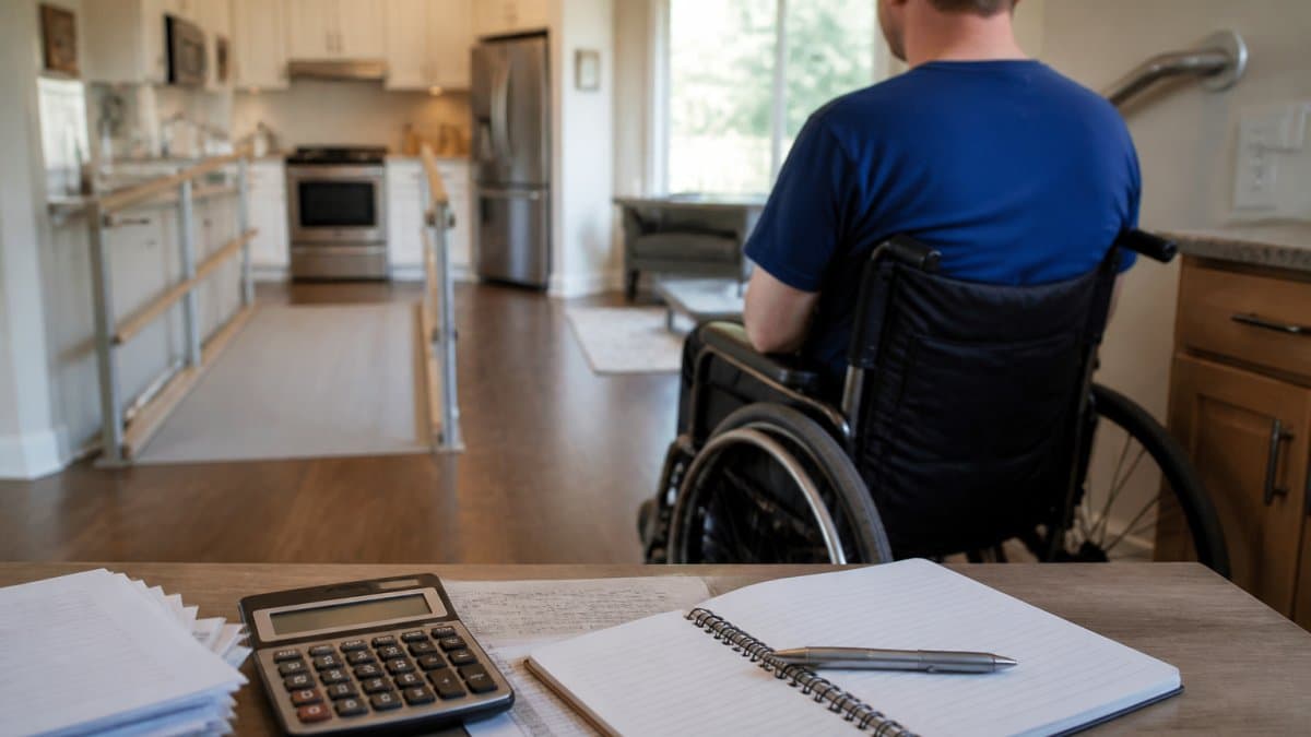 Person with spinal cord injury using a wheelchair in an accessible home environment with visible grab bars, ramps, and assistive devices for daily living