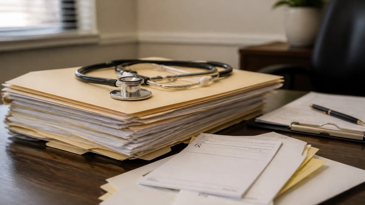 Patient medical file folder with documents, stethoscope, and prescription papers on a doctor's desk with natural office lighting