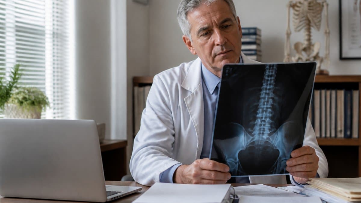 Medical expert reviewing patient records and diagnostic imaging to assist in proving permanent disability.
