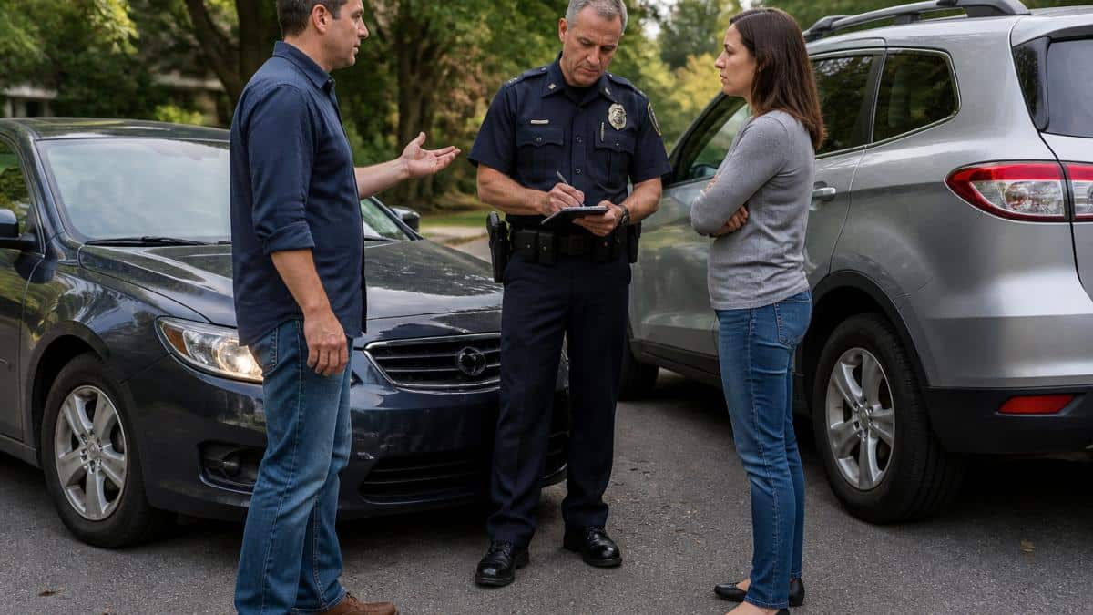Police officer and drivers discussing a car accident under Tennessee comparative fault rules on a suburban street.